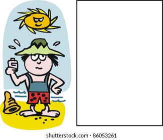 Vector cartoon of boy on beach with sun lotion