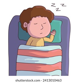 vector A cartoon boy is peacefully sleeping in bed with a pillow and blanket. This cute and cozy illustration is perfect for children's book illustrations, bedtime stories, and sleep-related products.