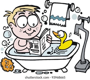 Vector cartoon of boy reading in bath