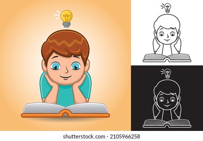Vector cartoon of boy is reading book with lightbulb on his head