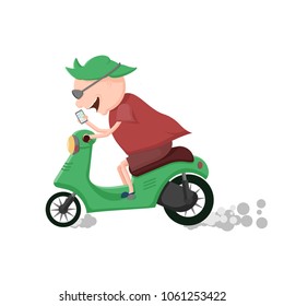 Vector Cartoon boy ride moped or motorcycle and chat by Smartphone. Dangerous on road. Social issue concept