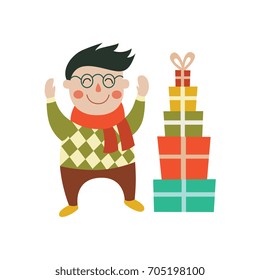 vector cartoon boy in scarf and glasses makes pyramid from present boxes with smile on his face. Flat illustration on a white background. Christmas, new year birthday gift concept