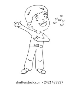 Caricatura vectorial de un niño cantando para que los niños se coloreen