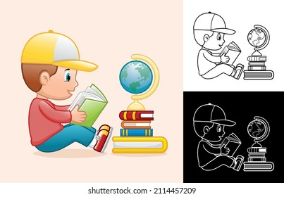 Vector cartoon of boy sitting on floor while reading book with globe on pile of books