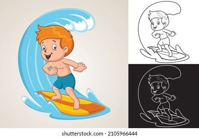 Vector cartoon of boy surfing on big wave