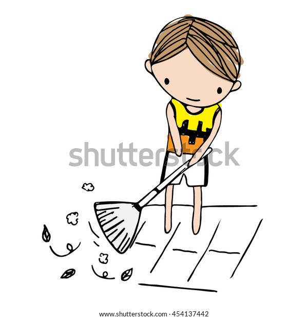 Vector Cartoon Boy Sweeping Leaves On Stock Vector Royalty Free