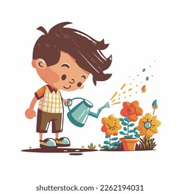 Vector the cartoon boy watering the flowers