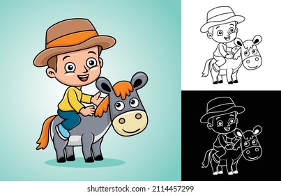 Vector cartoon of a boy wearing cowboy hat riding donkey