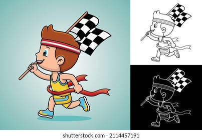 Vector cartoon of boy winning first place in running race competition while carrying finish flag
