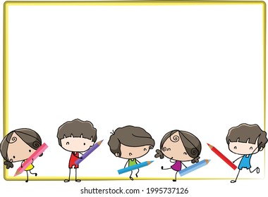 vector cartoon boys and girls hold colour pencil set border frame background