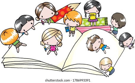 vector cartoon boys and girls on the book