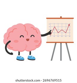 Vector cartoon brain presenting business analytics chart. Concept of intelligence, strategy, data, and creative thinking for success.