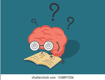 vector cartoon brain read book in fell confused.Can represent a significant business developments, such as thinking, learning, practice.