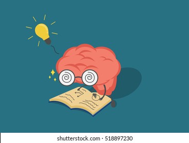 vector cartoon brain read book.Can represent a significant business developments, such as thinking, learning, practice,patience.