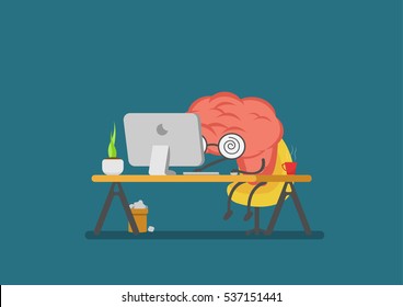 vector cartoon brain reading computer.Can represent a significant business developments, such as thinking, learning, e-learning