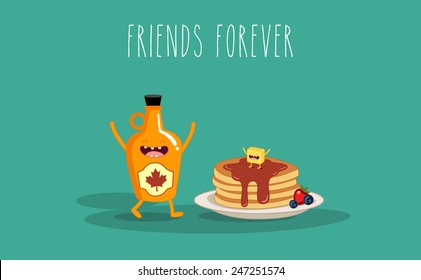 Vector cartoon. Breakfast. Friends forever. Maple syrup and pancake. You can use in the menu, in the shop, in the bar, the card or stickers.