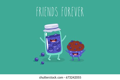 Vector cartoon. Breakfast. Friends forever. Jar of blueberry jam and muffin. You can use in the menu, in the shop, in the bar, the card or stickers. Easy to edit.