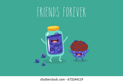 Vector cartoon. Breakfast. Friends forever. Funny blueberry jam and blueberry muffin. You can use in the menu, in the shop, in the bar, the card or stickers. Easy to edit. 