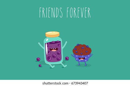 Vector cartoon. Breakfast. Friends forever. Jam and muffin