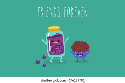 Vector cartoon. Breakfast. Friends forever. Funny blueberry jam and chocolate muffin. Use for card, poster, banner, web design and print on t-shirt. Easy to edit. Vector illustration.