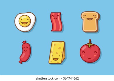 Vector cartoon . Breakfast. Funny characters. Egg, bacon, sausage, tomato, cheese and sandwich.