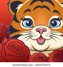 Vector cartoon bright colorful square sticker. Portrait of small smiling cute toon tiger cub in red roses. Close-up face