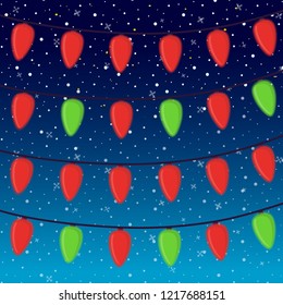 Vector cartoon bright garland isolated on night snowfall background. Shining illumination for Christmas holiday. Colorful electric bulbs on cord. Shine, illumination effect.