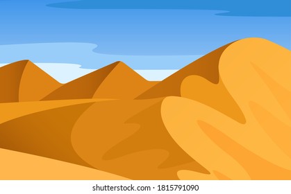 Vektorgrafik helle Landschaft, Blick auf die Wüste mit Bergen, Hügel, loser Sand, endlose Weite, riesiger Himmel mit Wolken. Abstrakte Farbverlauf-Landschaft Sommerhintergrund. Helle Landschaft wilde Natur.
