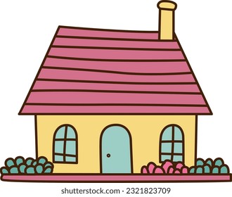 Vector cartoon bright pink and yellow house. Cute building. Child town illustration. Your sweet home. 3D Illustration