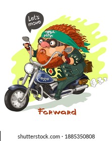Vector cartoon. Bright print illustration for a T-shirt. Cheerful cool funny biker rides a bike under the slogan Let's move forward. Isolated objects.
