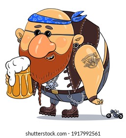 Vector cartoon. Bright print illustration-parody. A cheerful funny biker on vacation with a glass of beer is driving his motorbike on a string. Isolated object.