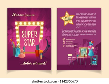 Vector cartoon brochure for advertising concert tours of famous artists, theater groups and circus troupes. Leaflet with illuminated retro frame, makeup mirror, theatrical equipment, stage costumes