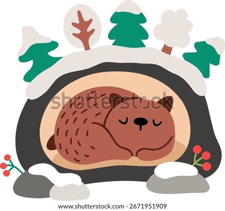 Vector cartoon brown bear sleeping in den covered with snow and trees. Christmas dreaming animal clipart. Cute new year symbol illustration for kids. Winter holiday icon isolated on white
