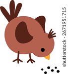 Vector cartoon brown bird pecking seeds. Christmas animal clipart. Cute new year bird illustration for kids. Winter holiday icon isolated on white
