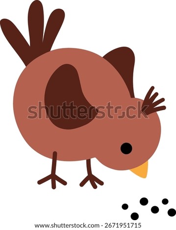 Vector cartoon brown bird pecking seeds. Christmas animal clipart. Cute new year bird illustration for kids. Winter holiday icon isolated on white
