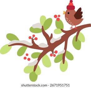 Vektor Cartoon brauner Vogel sitzt auf schneebedeckten Zweig mit Beeren und Blättern. Weihnachtstierclipart. Süße neue Jahr Vogel Illustration für Kinder. Winterurlaub-Symbol einzeln auf Weiß
