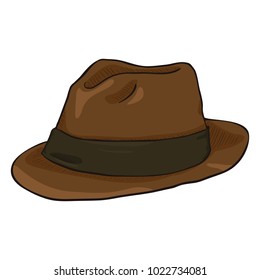 Vector Cartoon Brown Fedora Hat with Black Ribbon. Vintage Headwear.