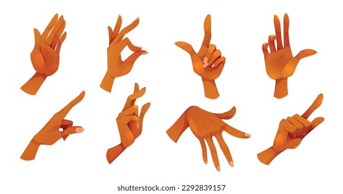 Vector cartoon brown female hand gesture icon set. Isolated finger pose sign ok, palm, touch and direction. Body language for communication and expression with forefinger to waving or pointing.