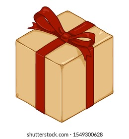 Vector Cartoon Brown Gift Box with Red Ribbon and Bow