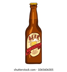 Vector Cartoon Brown Glass Bottle of Premium Beer