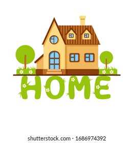 Vector cartoon brown house with trees on grass with flowers standing on green letters. Cute bright building on a lawn. Child town illustration. Your sweet home. City element. Little garden