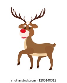 Vector cartoon brown reindeer - Christmas symbol, funny animal with red nose. Cute friend of Santa Claus. X-mas concept, character for celebration post-cards, posters or banners.