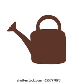 Vector cartoon brown silhouette of garden water can. Farming icon. Isolated on white background.