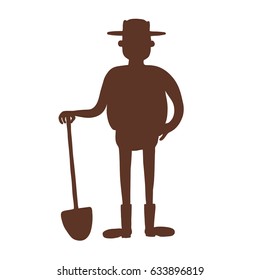 Vector cartoon brown silhouette of middle-aged male gardener with spade. Wearing straw hat, rubber boots. Standing, front view. Isolated on white background. Farming icon.