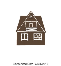 Vector cartoon brown silhouette of small decorated two story country house. Russian wooden architecture. Isolated on white background.