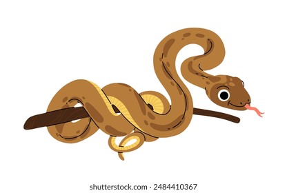 Vector cartoon brown snake on tree branch. Cute childish illustration of friendly reptile isolated on white background.