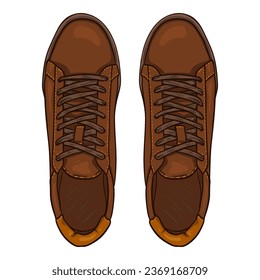 Vector Cartoon Brown Sneakers. Smart Casual Shoes Illustration. Top View.