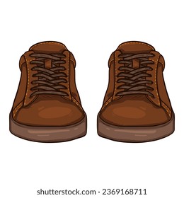 Vector Cartoon Brown Sneakers. Smart Casual Shoes Illustration. Front View.