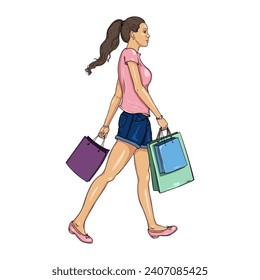 Vector Cartoon Brunette Girl Walking with Shopping Bags