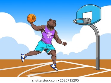 Vector cartoon brutal brown muscular huge bear jumping and playing basketball. Scoring a ball. Sports uniform, T-shirt, shorts and sneakers. Toon animal and sport